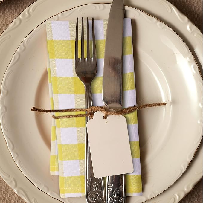Urban Villa Cotton Dinner Napkins Set of 6, Highly Absorbent 20x20 Inches Premium Cloth Napkins Hotel Quality Reusable & Washable Table Dinner Napkins for Home & Weddings - Yellow/White, Checks