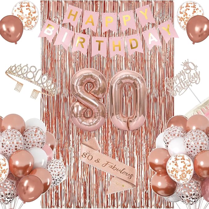 80th Birthday Decorations for Women, Happy 80th Birthday Banner Cake Topper Balloons Sash and Crown, Rose Gold 80t'h Party Decorations for Girls