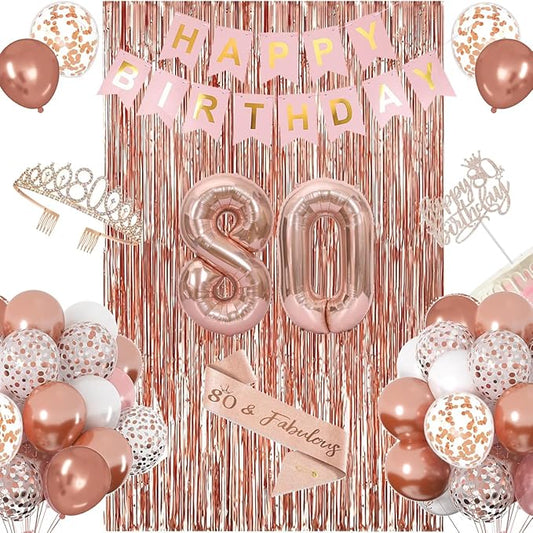80th Birthday Decorations for Women, Happy 80th Birthday Banner Cake Topper Balloons Sash and Crown, Rose Gold 80t'h Party Decorations for Girls