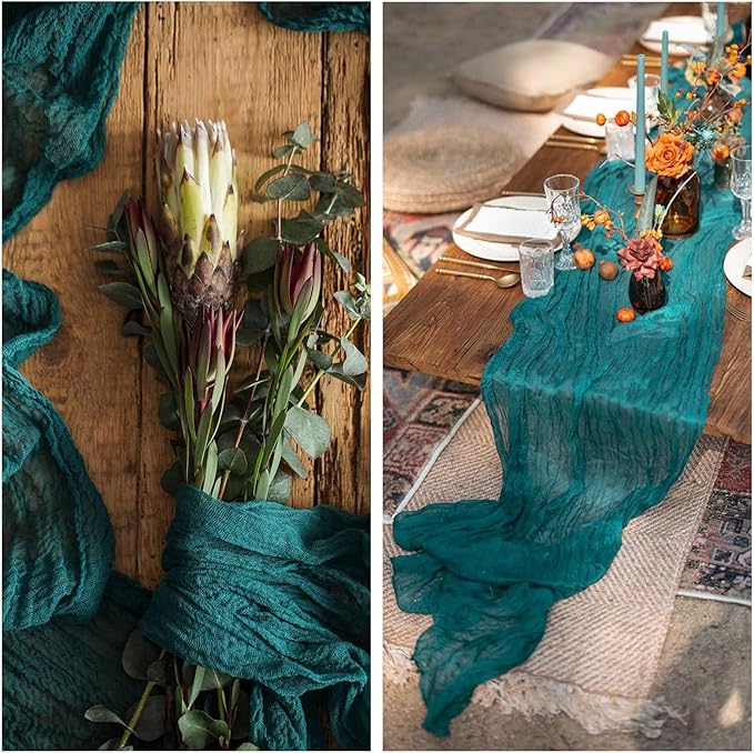 6 Pack Teal Cheesecloth Table Runner 10FT Boho Gauze Fabric Table Runner 35 x 120 Inch Rustic Sheer Runner for Centerpiece Wedding Decor Baby Shower Party Boho Table Decoration(Teal)