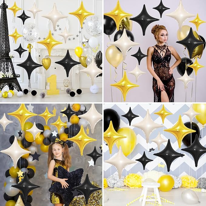 Black White Gold Star Balloons,12Pcs Four Angle Star Foil Balloons,26Inch and 10Inch Black Cream White Quadrangle Helium Balloon for Birthday Baby Shower Anniversary Party Decorations