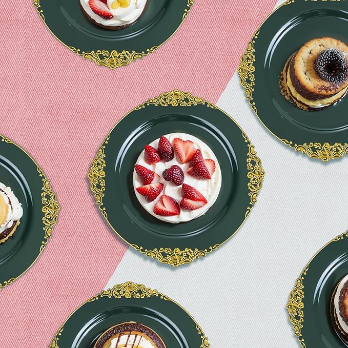 125PCS Green and Gold Plastic Plates - Fancy Green Disposable Plates - Vintage Christmas Plate with Gold Plastic Silverware Set for 25 Guests for Party Xmas Holiday