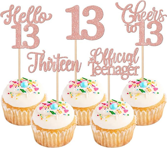 30PCS Happy 13th Birthday Cupcake Toppers Glitter Thirteen Official Teenager Hello 13 Cupcake Picks Cheers to 13 Birthday Decorations for 13th Birthday Anniversary Party Cake Decor Supplies Rose Gold