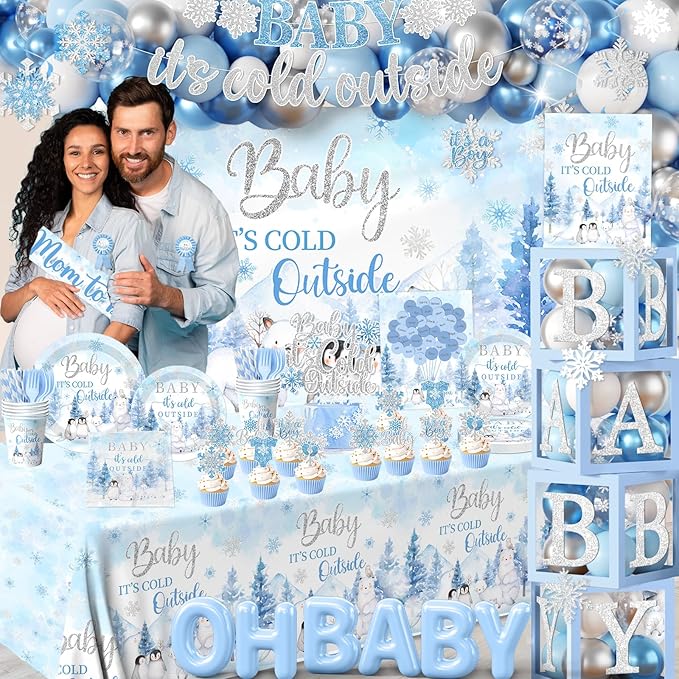 Baby Its Cold Outside Baby Shower Decorations,Pink Winter Wonderland Baby Shower Decorations Plates Napkins Cup Backdrop Banner Swirls Tablecloth Balloons Box for Boy Winter baby Shower Decorations