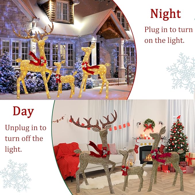 2025 New 3D 58 Inch Outdoor Lighted Reindeer Decorations, 3-Piece Christmas Deer Family Set, Large Christmas Deer Decoration with 210 LED Flashing Lights for Yard, Lawn, Gold
