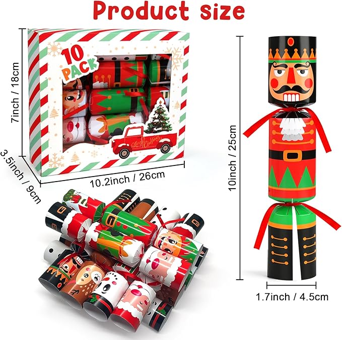 10 Pack Non-Snap Christmas Table Party Favors with Party Hats Joke Little Gifts for Kids Adults, Christmas Cute Characters Design, Xmas Seasonal Holiday Dinner Traditions Supplies