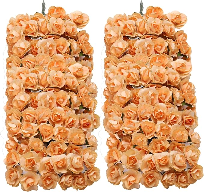 144pcs Mulberry Paper Mini Roses Artificial Flowers Heads with Stems for DIY Crafts Accessories Make Bridal Hair Clips Headbands Dress Wedding Bridal Bouquets Party Home Decor Valentine's (Champagne)