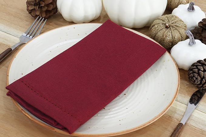 PurpleEssences Set of 12 Hemstitch Cloth Dinner Napkins 100% Cotton - Soft Durable Washable - Ideal for Wedding Christmas Holiday Winter - Perfect Everyday Use Table Linen 18x18 - Burgundy