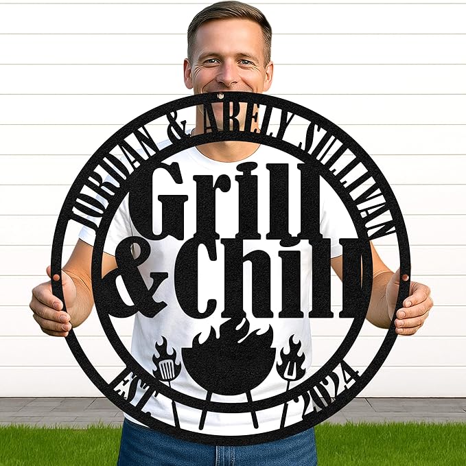 Custom BBQ Grill Metal Sign Personalized Name Wall Art for Outdoor Barbecue Patio Kitchen Backyard Decor Gift for Dad Husband Men Papa Grandpa Father Grilling Enthusiasts Family Lover Funny Gifts 18