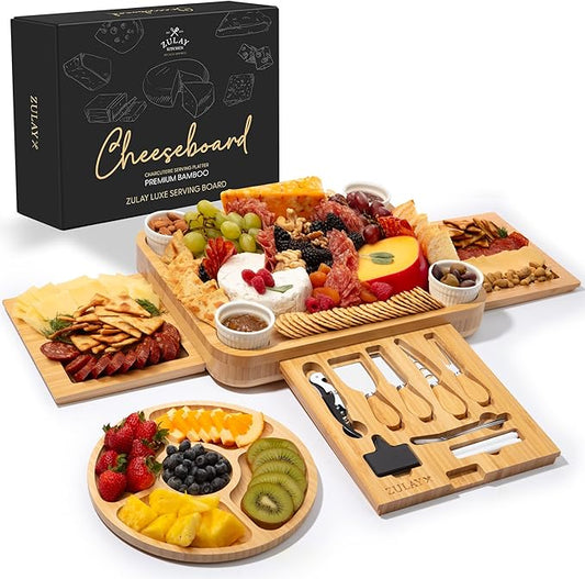 Zulay Kitchen Deluxe Bamboo Cheese Board - Extra Thick Bamboo Charcuterie Board with 4 Piece Knife Set - Perfect for Charcuterie, Wine and Cheese