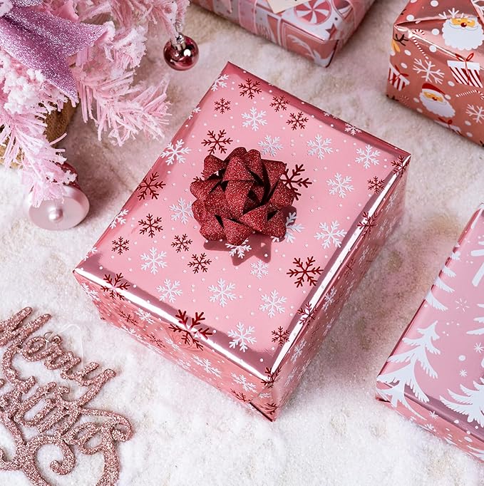 MAYPLUSS Christmas Wrapping Paper Jumbo Rolls with Gridlines - 30IN X 120IN - 4 Roll-Christmas Tree Santa Claus Snowflakes Reindeer Joyful for New Year Holiday Kids