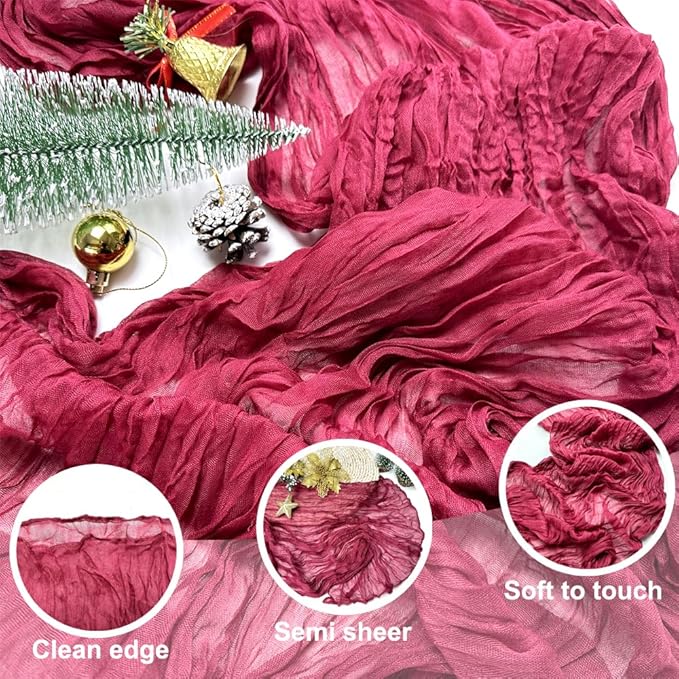 Booque Valley Christmas Table Runner 3 Pack Burgundy Cheesecloth 10ft Soft Boho Wrinkled Decorative Gauze Sheer for Holiday Party Baptism Wedding Centerpiece Table Decor, 35x120 Inch
