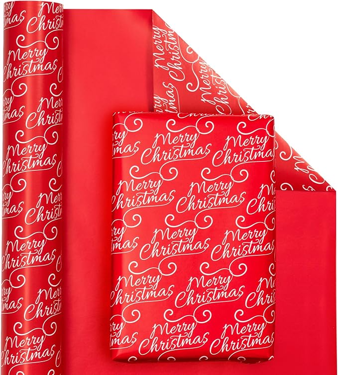 WRAPAHOLIC Reversible Red Christmas Wrapping Paper - Mini Roll - 17 Inch x 33 Feet - Merry Christmas and Solid Red Wrapping Paper for Holiday, Party Celebration