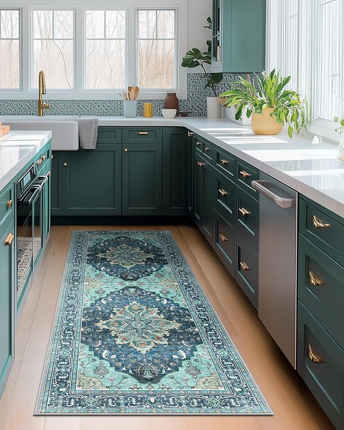 Area Rugs 2'x5' Washable Non-Slip, Floral Vintage Distress Print Pattern Medallion Carpet for Living Room Bedroom Dining Room, Teal Green Lake Blue Turquoise
