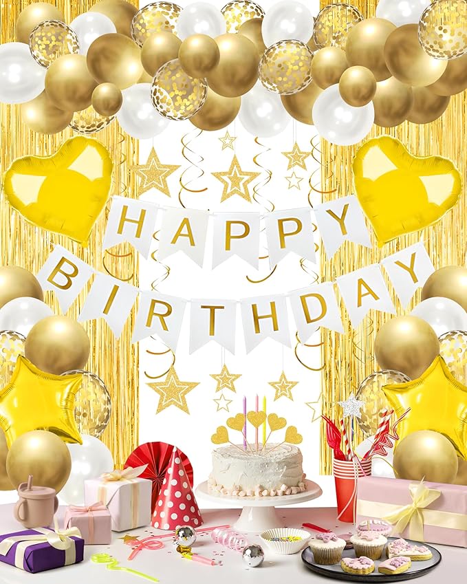 Golden Happy Birthday Party Decorations, Happy Birthday Banner, Gold Foil Heart Star Confetti Balloons Curtain Backdrop Hanging Swirls Party Decor for Boys Men