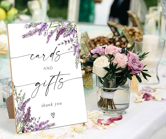 Cards and Gifts Table Sign, Lavender Bridal Shower Decorations, Wedding Reception Table Decorations, Purple Floral Wooden Sign with Stand for Wedding Reception And Bridal Party Decor, 35