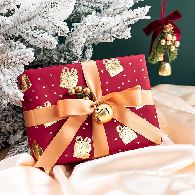 WRAPAHOLIC 3D Kraft Wrapping Paper Roll - Mini Roll - 17 Inch x 16.5 Feet - Gold and Red Christmas Presents Design with Embossed Perfect for Holiday, Party Celebration