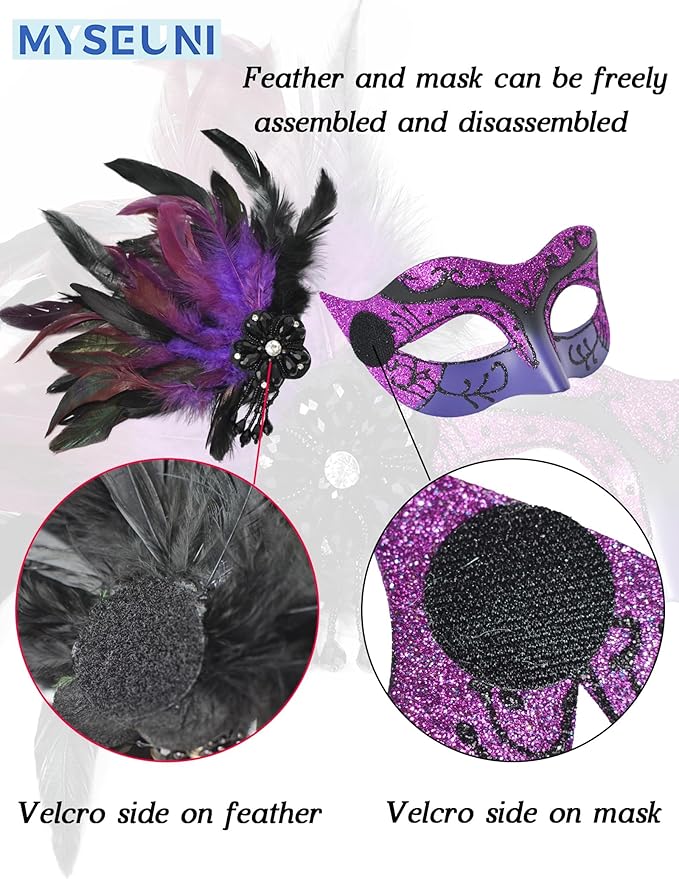 2025 New Masquerade Mask with Feather for Couples - Women's Masquerade Mask with Feather & Men Venetian Costume Mask