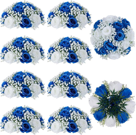 BLOSMON Fake Flowers Ball Wedding Centerpieces 10 Pcs Royal Blue Rose Babys Breath Artificial Flowers Center Pieces Decoration for Table Faux Silk Floral Bouquet Arrangements for Home Party DIY Decor
