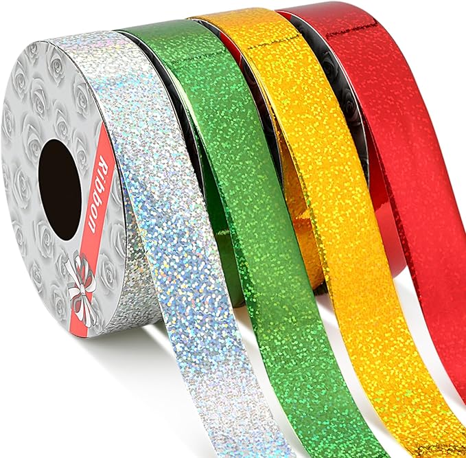 4 Rolls Wrapping Shiny Waterproof Ribbon for Christmas, 50 Yards Curling Plastic Ribbon for Gifts Package Wrapping, Bows, Festival Craft Party Decor (Green, Silver, Red, Gold,1 Inch)