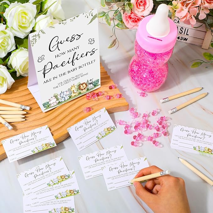 Roowest 512 Pcs Baby Shower Games Guess How Many Pacifiers Sign 100 Small Guessing Games 10 HB Pencils 750ml Milk Bottle 400 Acrylic Pacifiers Decoration for Guest Gender Reveal(Pink,Animal)