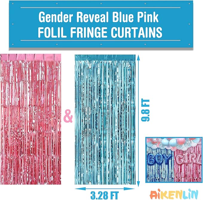 4 Pack 3.2Ft x 9.8Ft Pink Blue Foil Fringe Curtain Backdrop, Metallic Tinsel Foil Fringe Streamers Curtains for Photo Booth, Wedding, Gender Reveal Backdrop Boy or Girl Birthday Party Decoration