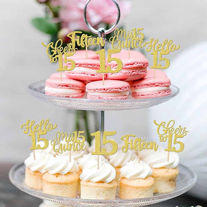 30PCS Happy 15th Birthday Cupcake Toppers Glitter Fifteen Mis Quince Hello 15 Cupcake Picks Cheers to 15 Birthday Decorations for 15th Birthday Anniversary Party Cake Decoration Supplies Gold