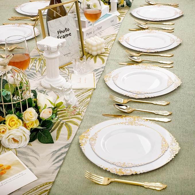 125PCS White and Gold Plastic Plates - Gold Disposable Plates with Plastic Silverware - Vintage Disposable Dinnerware Set for 25 Guests for Christmas Parties, Thanksgiving
