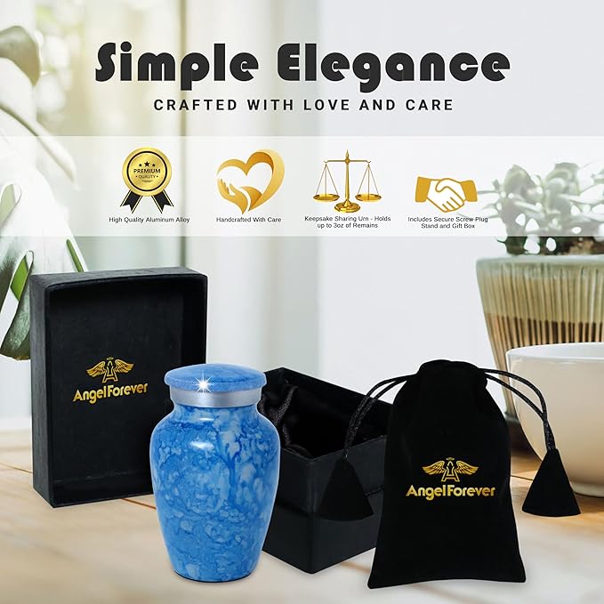 Small Keepsake Urn for Human or Pet Ashes – Handcrafted Aero Blue Marble Mini Urn with Velvet Bag & Gift Box | Durable Metal Memorial Token Jar for Baby, Infant, Pet or Loved One – 3 Cu in