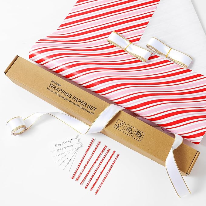 Miss DuiDui Gift Wrapping Paper Roll, 17 Inch x 32.8 Feet, Red Pink White Stripe for Birthday, Baby Shower, Valentine's Day, Anniversary, Wedding, Christmas