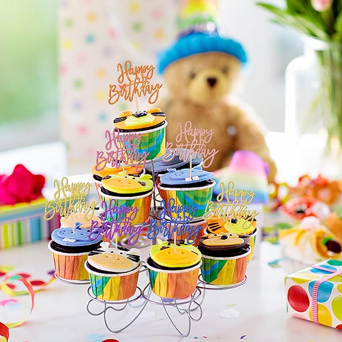 24 PCS Happy Birthday Cupcake Toppers - Multi 6 Colors Glitter Picks for Celebrating Anniversary Theme Party Cake Decorations Supplies
