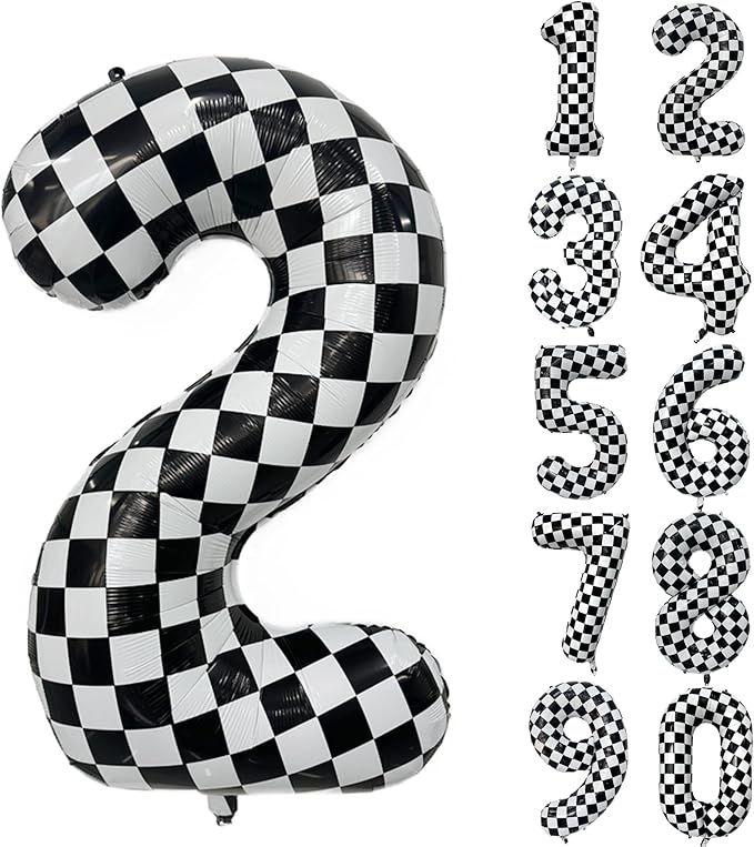 40 Inch Checkered Number Balloon 2 Black and White Number 2 Balloon Foil Helium Balloons for Birthday Party Decoration Girls Boys Baby Shower Anniversary Decoration Race Car Party Decoration