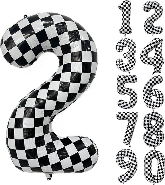 40 Inch Checkered Number Balloon 2 Black and White Number 2 Balloon Foil Helium Balloons for Birthday Party Decoration Girls Boys Baby Shower Anniversary Decoration Race Car Party Decoration