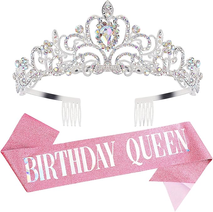 Velscrun Birthday Queen Tiaras Crown for Women, Queen Tiara for Mom, Girls Princess Crowns for Women, AB Rhinestones Birth Crown Headband Birth Sash, 50th Birthday Prom Party Decorations