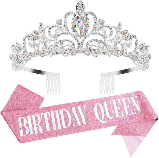 Velscrun Birthday Queen Tiaras Crown for Women, Queen Tiara for Mom, Girls Princess Crowns for Women, AB Rhinestones Birth Crown Headband Birth Sash, 50th Birthday Prom Party Decorations