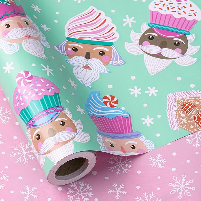 RUSPEPA Christmas Reversible Wrapping Paper Roll for Kids Girls, Mini Roll, Cute Santa Claus with Sweet Treats Design and Pink Snowflake for Holiday Gifts and Christmas Party, 17 Inches X 16.4 Feet