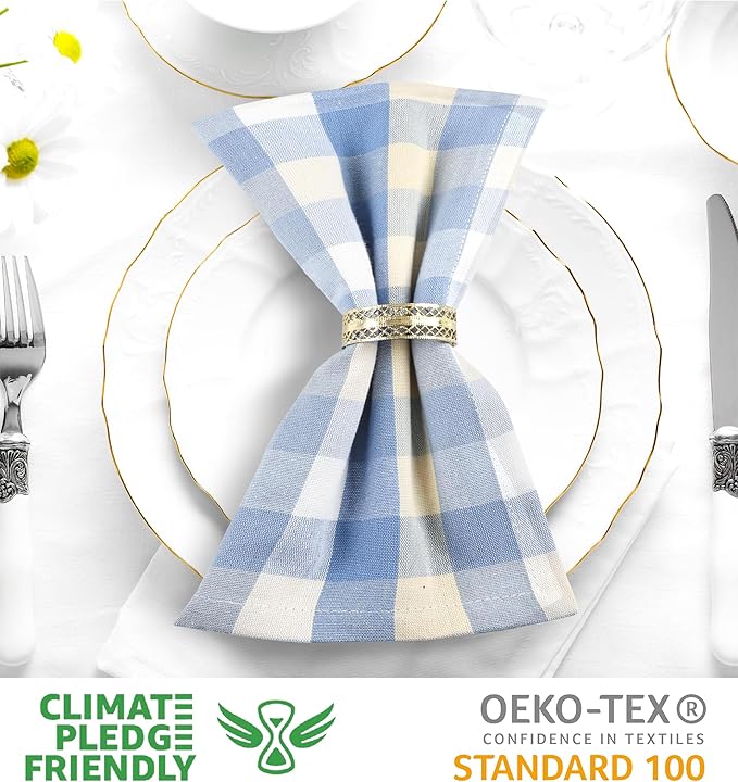 Urban Villa Cloth Napkins 100% Cotton Dinner Napkins Highly Absorbent 20x20 Inches (Set of 12) Blue Sand Buffalo Checks Reusable Washable Soft Durable Premium Quality Ideal for Home Wedding Parties