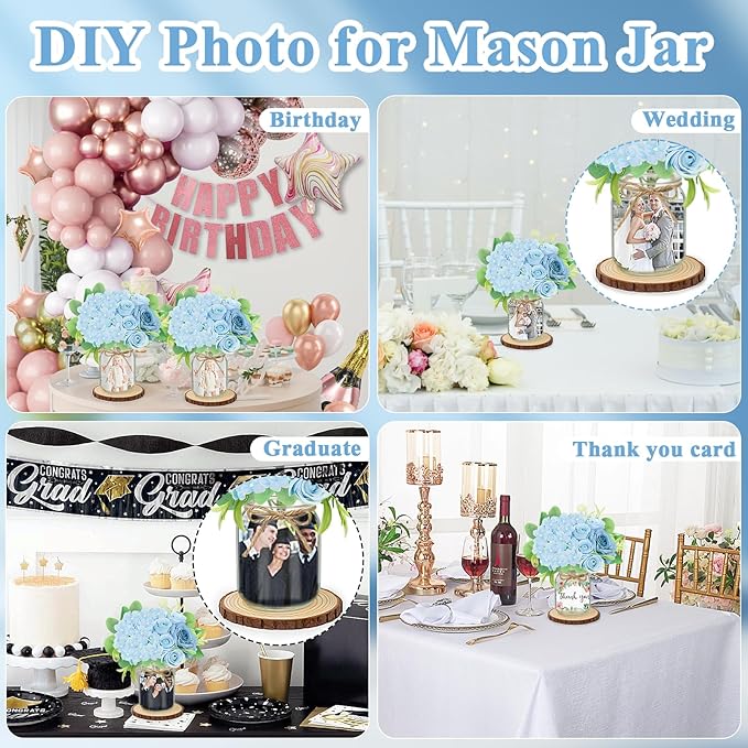Set 6 Mason Jar Table Centerpiece - Wedding Centerpieces for Tables, Mason Jar Flower Centerpiece Vases Decor- Boho Farmhouse Rustic for Engagement, Bridal Shower, Wedding, Versatile Decor (Blue)