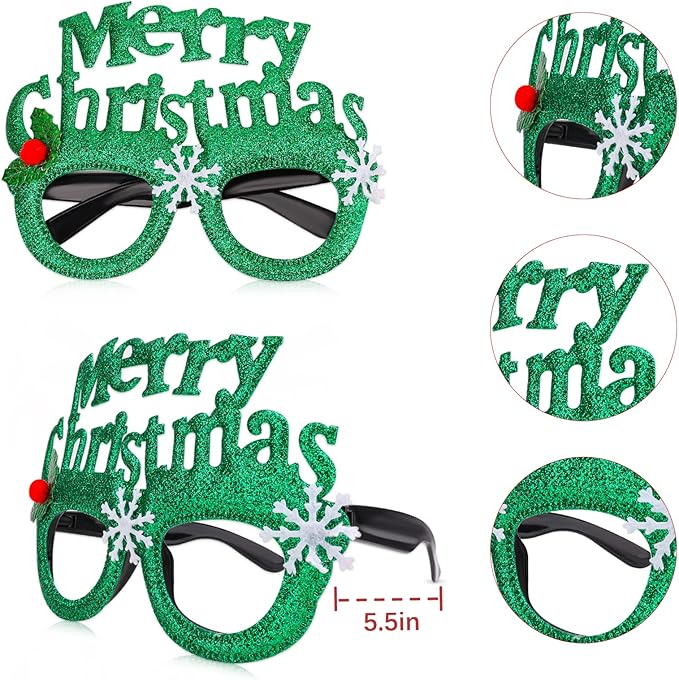 18 Pcs Christmas Glasses Glitter Headbands Hats Set, Hair Hoop Eyewear Eyeglasses Frame Santa Hat Photo Props for CHristmas Party Favors Holiday Photos Booth