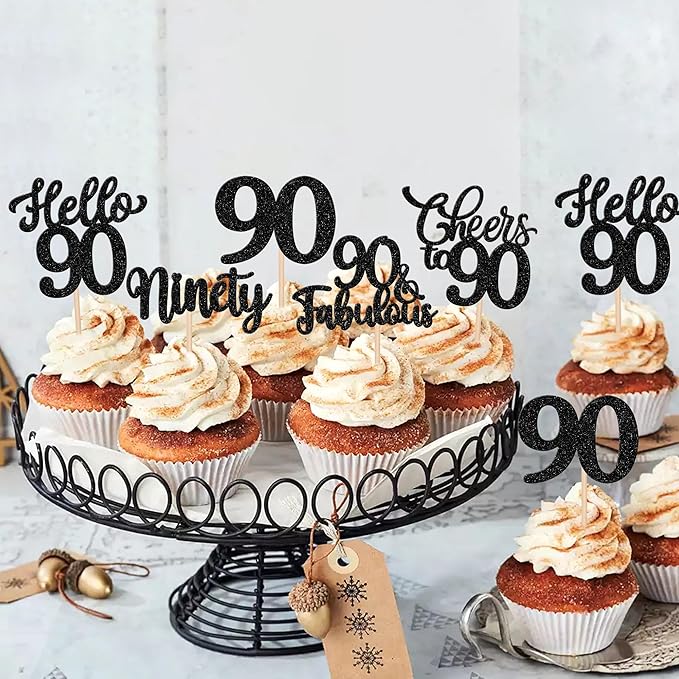 30PCS Happy 90th Birthday Cupcake Toppers Glitter Ninety Cheers to 90 Years Old Birthday Cupcake Picks Hello 90 Fabulous Cake Decorations for Happy 90th Birthday Anniversary Party Supplies Black