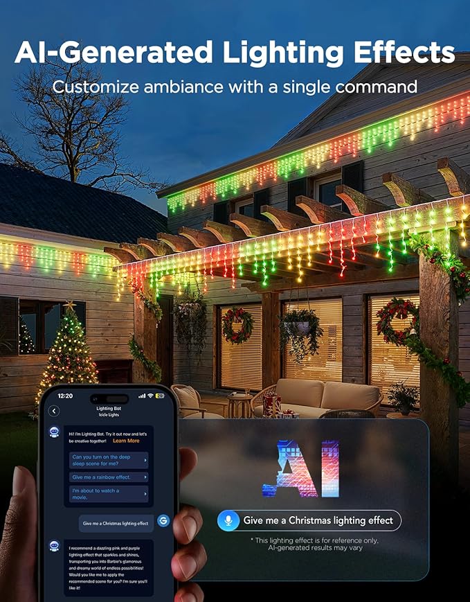 Govee Icicle Lights, Smart RGBIC Christmas Lights for Outside, 66ft with 800 LEDs Icicle Light for Outdoor, IP67 Waterproof, Music Sync, Voice Control, 78+ Scene Modes for Halloween Decor