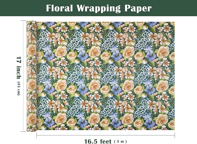 WRAPAHOLIC Kraft Floral Wrapping Paper Roll - Mini Roll - 17 Inch x 16.5 Feet - Vintage Flower Wrapping Paper Perfect for Wedding, Birthday, Bridal Shower, Tea Party