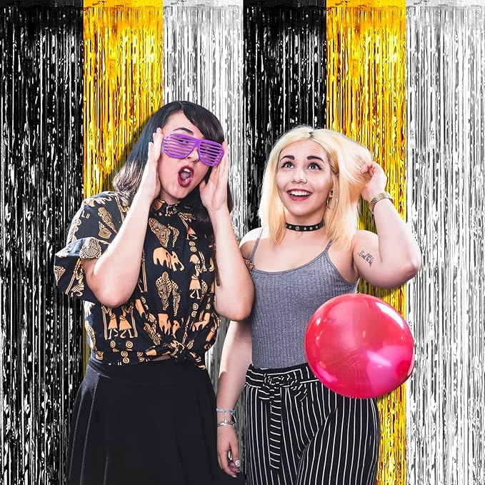 4 Pack 3.2Ft x 9.8Ft Black Gold Silver Foil Fringe Curtain Backdrop, Metallic Tinsel Foil Fringe Streamers for Photo Booth, Wedding, Notorious One Birthday Roaring 20s Graduation Party Decoration