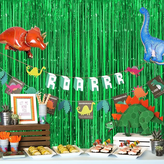 Football Party Decorations Green Streamers - Thicken 4 Pack 3.2 x 8.2 FT - Tinsel Foil Fringe Curtains Party Backdrop for Birthday, Dinosaur, Jungle, Christmas, Golf Party Decorations