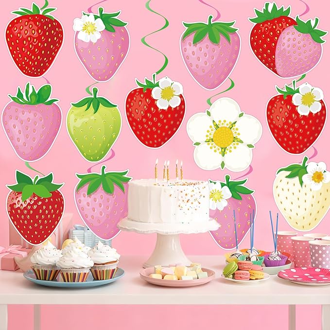 40Pcs Strawberry Hanging Swirls Decorations, Sweet Strawberry Party Ceiling Hanging Swirls Streamers for Berry First Birthday Baby Shower Party Decor Supplies