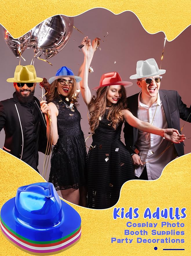 42 Pcs Plastic Party Hat Bulk Neon Fedora Party Hat Colorful Gangster Hats Metallic Party Hats for Men Women Kids Costume Accessory, 6 Colors