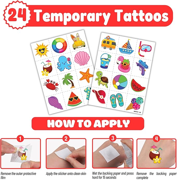 48PCS Beach Party Favors – 24PCS Temporary Pre - cut Tattoos & 24PCS Slap Bracelets – Summer & Ocean-Themed Birthday Supplies, Baby Shower Gifts, Classroom Rewards & Party Decor for Kids