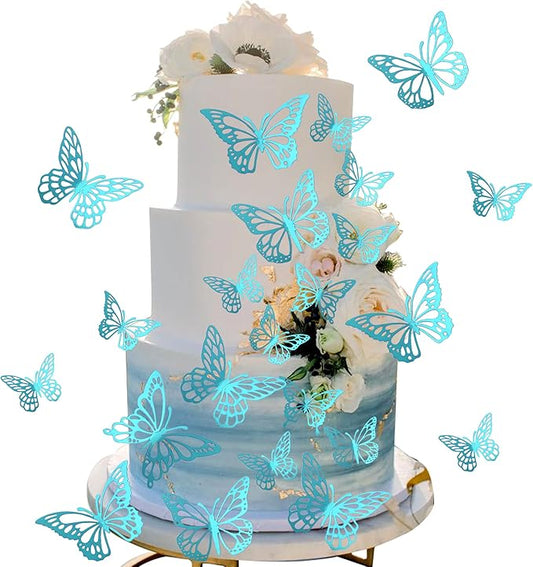 40 PCS Laser 3D Butterfly Cupcake Toppers Hollow Arts Cake Decorations for Baby Shower Wedding Fairy Birthday Party Supplies Wall Sticker Mixed Styles Sky Blue