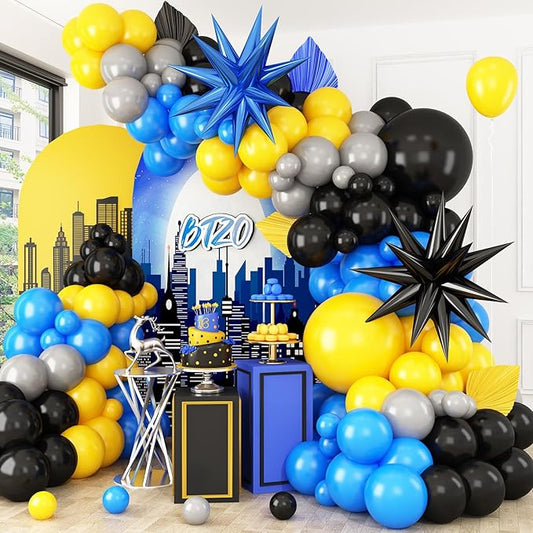 Blue Yellow Black Balloon Arch Kit,Royal Blue Grey Balloon Garland with Star Foil Balloons for Boys Birthday Graduation Decorations