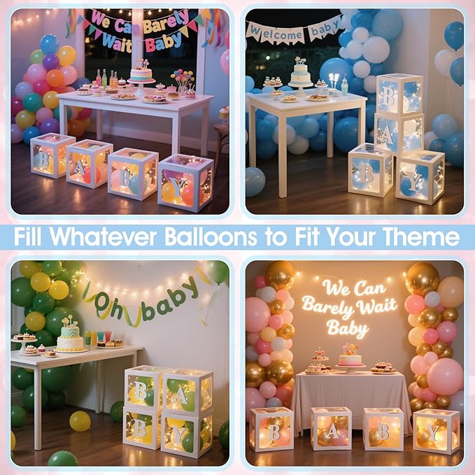 Ledido Baby Boxes with Letters for Baby Shower Decorations, 4 pcs Clear Baby Balloon Boxes Blocks Decor with LED Fairy String Lights for Boy Girl Gender Reveal Decorations Backdrop Party (White)